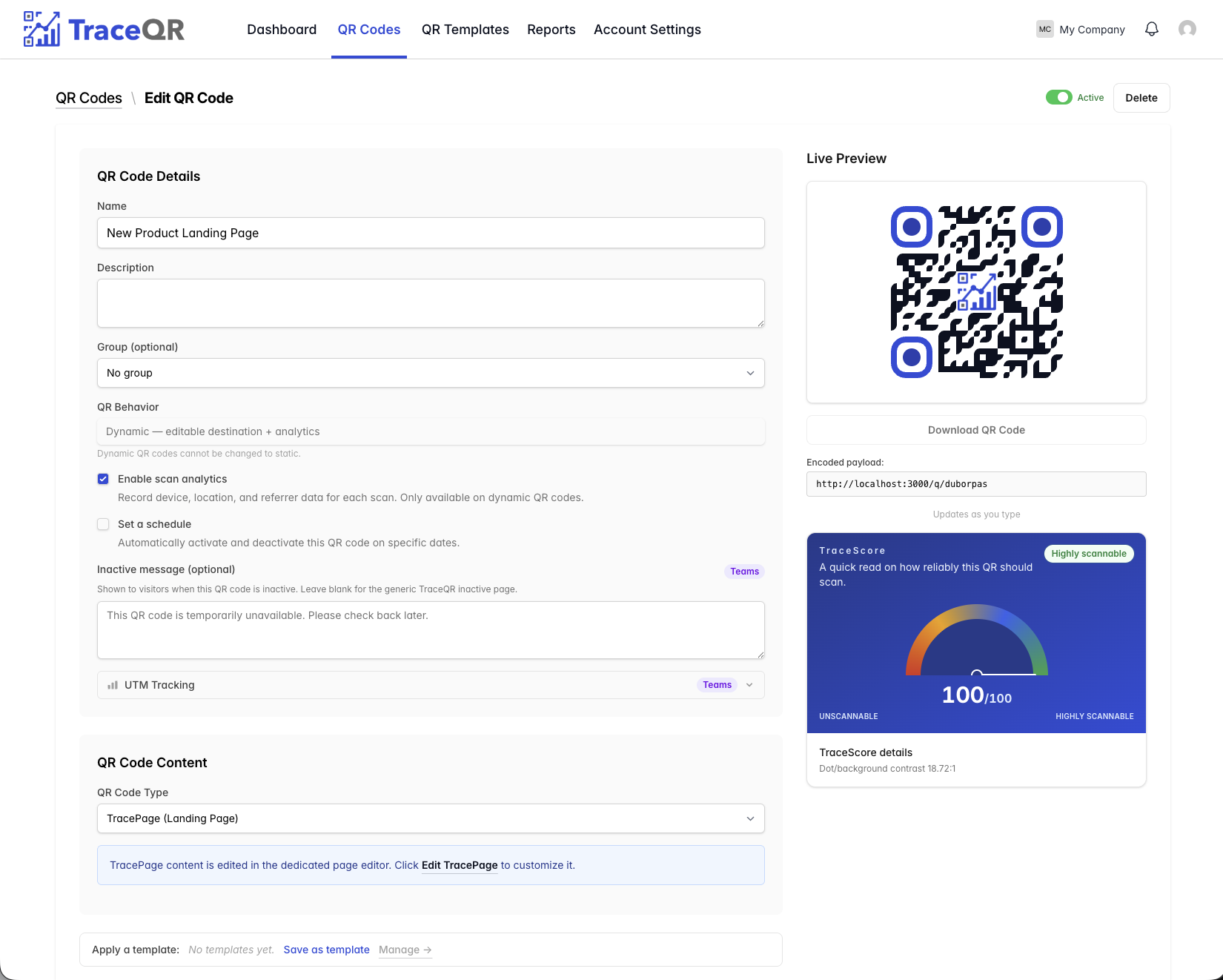 Trace Setting Code TraceQR — Create, Track, and Trust Your QR Codes